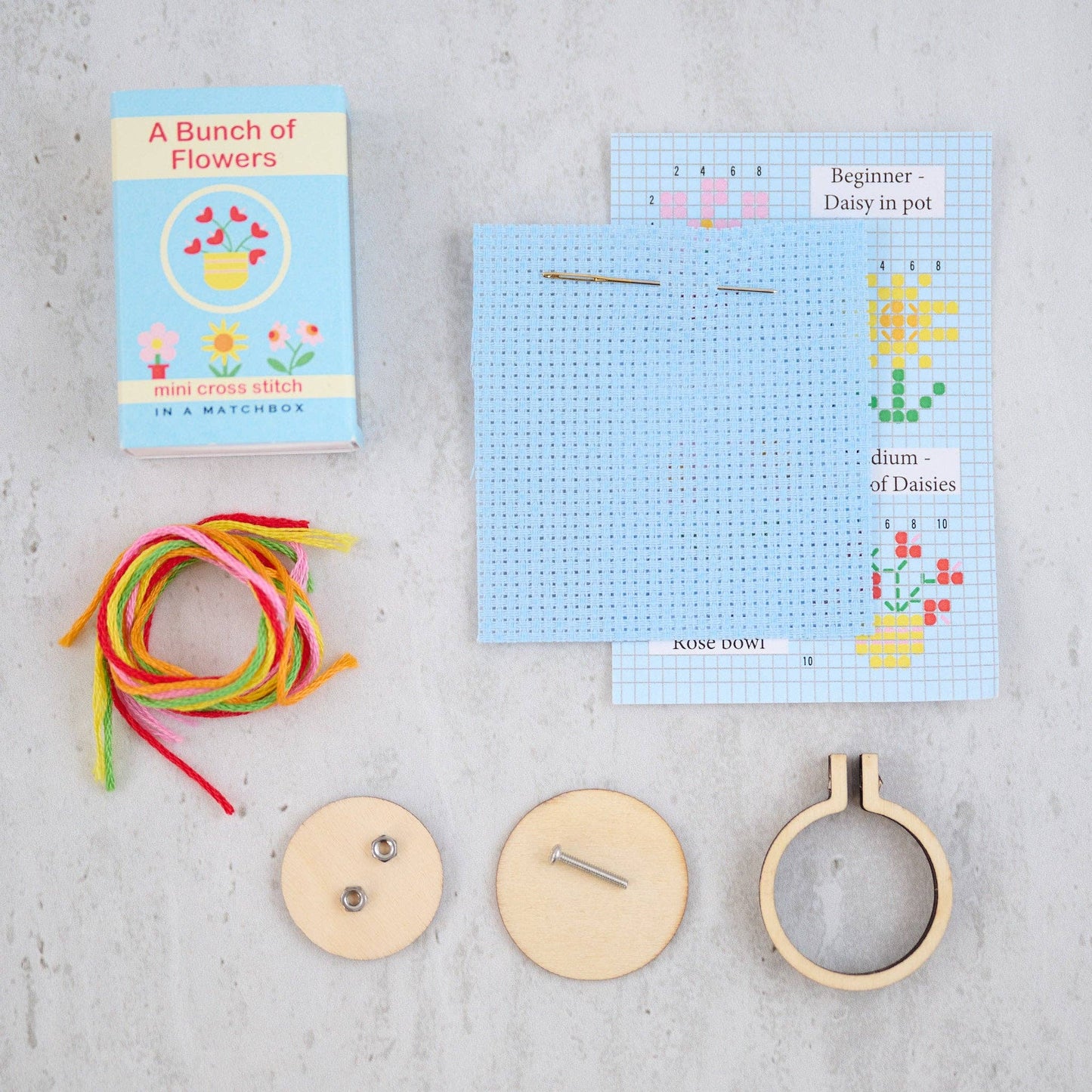 Bunch Of Flowers Mini Hoop Cross Stitch Kit In A Matchbox