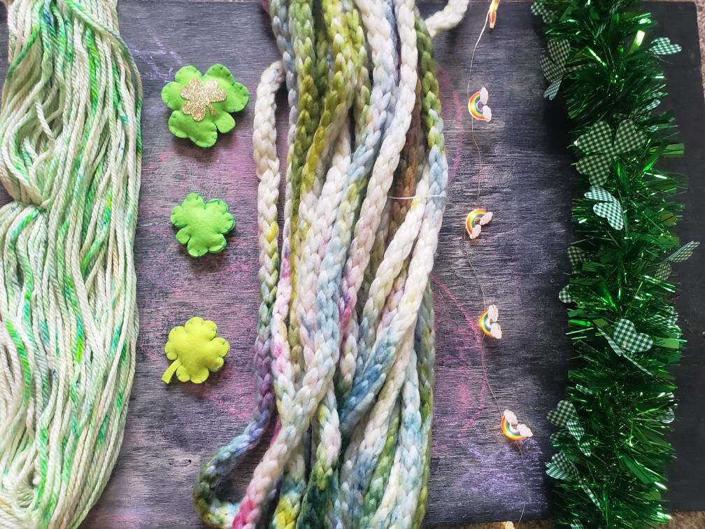 Lucky Charm, i-cord, super bulky, novelty yarn, St. Patrick's Day, Green, White, Pink, Blue