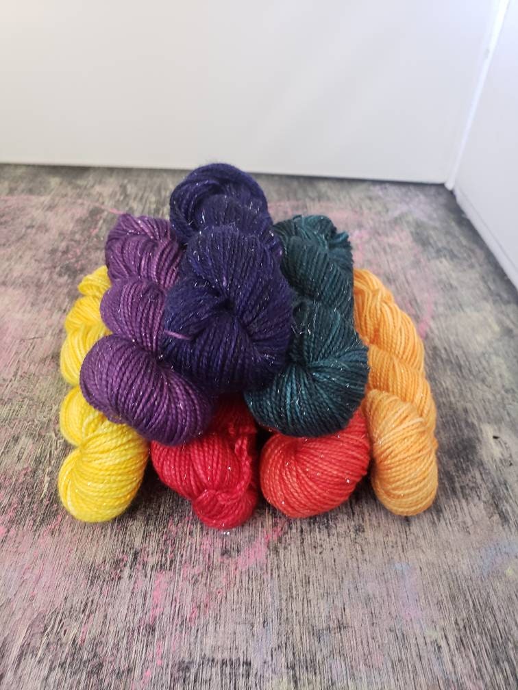 Chakra Mini Set, Root, Sacral, Solar Plexus, Heart, Throat, Third Eye, Crown, Red, Yellow, Orange, Purple, Blue Green, Mini Skein, Yarn Set