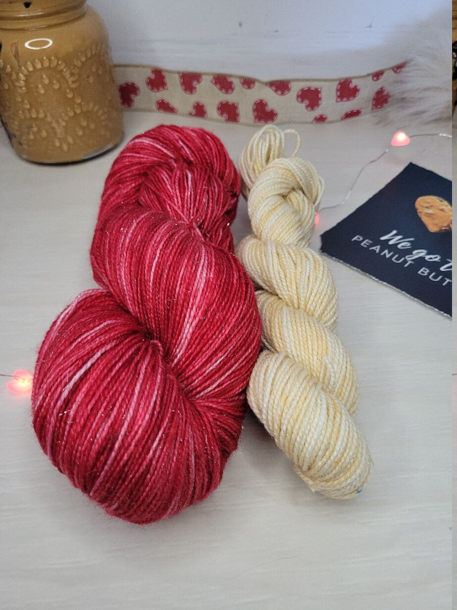 Peanut Butter and Strawberry Jelly, Sock Set, Glitter Sock, Mini Skein, Full Skein, Sparkle Sock, Wool