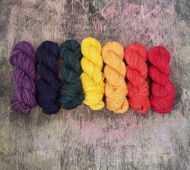 Chakra Mini Set, Root, Sacral, Solar Plexus, Heart, Throat, Third Eye, Crown, Red, Yellow, Orange, Purple, Blue Green, Mini Skein, Yarn Set