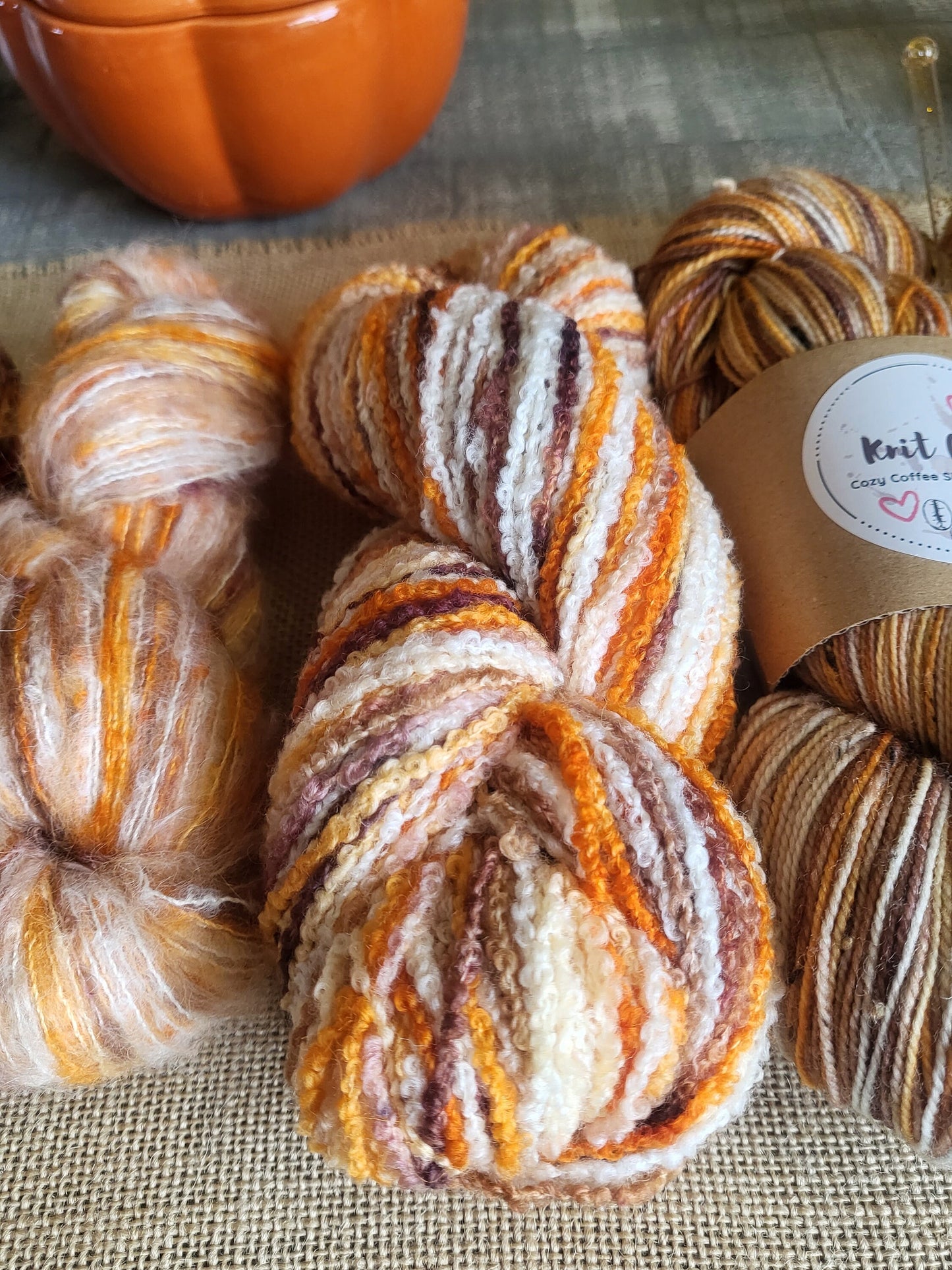 Pumpkin Spice Latte Hand Dyed Yarn Knit Cozy Coffee Shop Collection