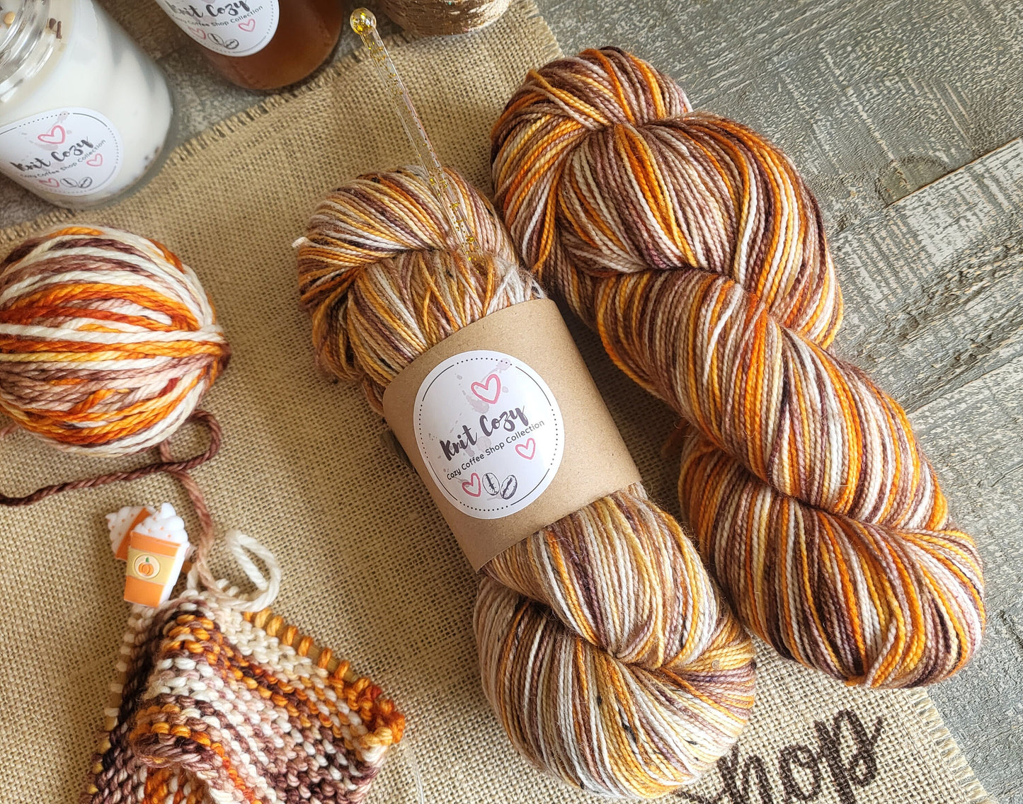 Pumpkin Spice Latte Hand Dyed Yarn Knit Cozy Coffee Shop Collection