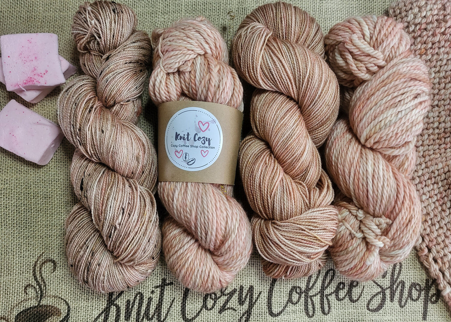Pink Marshmallow Hand Dyed Yarn Knit Cozy Coffee Shop Collection
