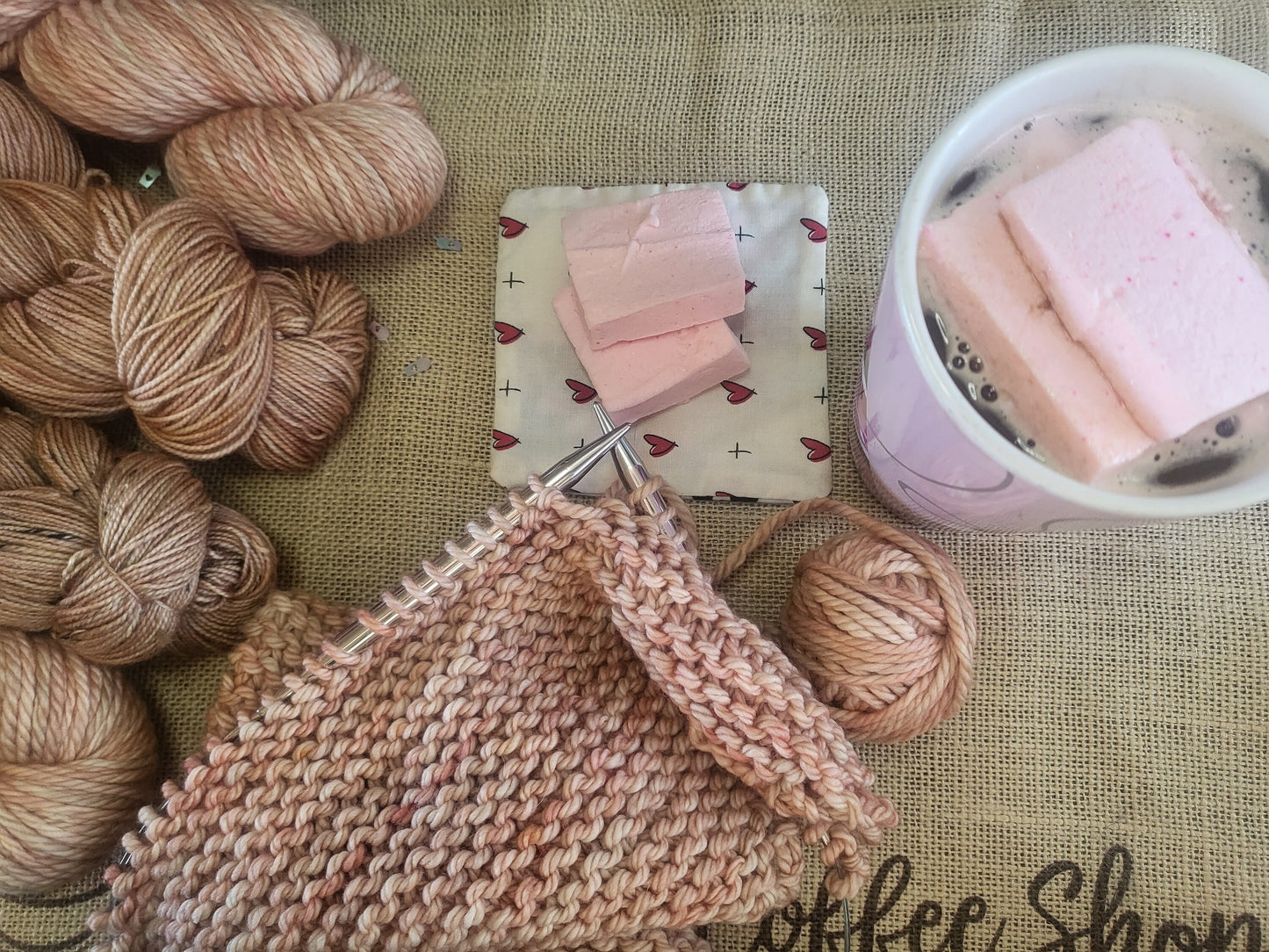 Pink Marshmallow Hand Dyed Yarn Knit Cozy Coffee Shop Collection