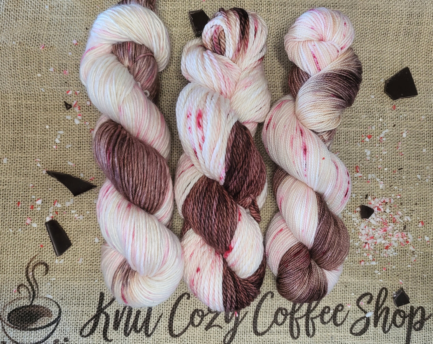 Peppermint Mocha Hand Dyed Yarn Knit Cozy Coffee Shop Collection