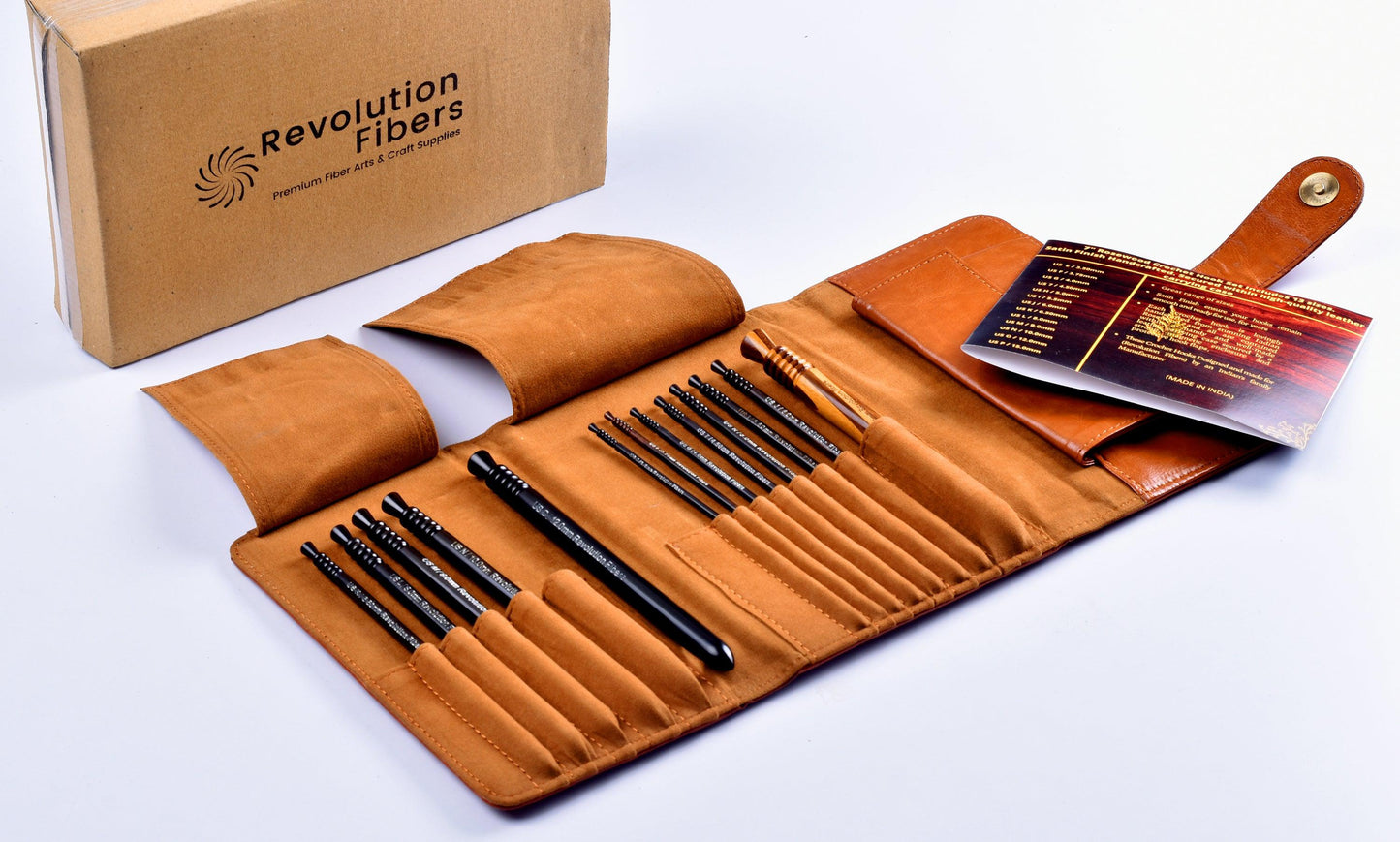 Premium Ebony Wood 7" Crochet Hooks Set with Leather Carrying Case | 13 Crochet Hooks Size US E - P