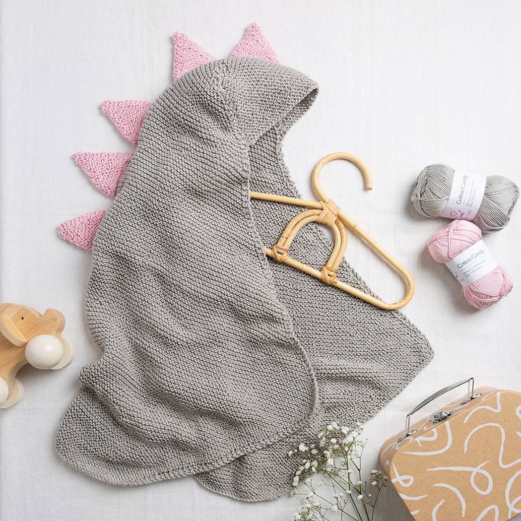 Baby Dinosaur Hooded Blanket Easy Knitting Kit: Light Grey