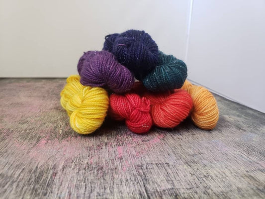 Chakra Mini Set, Root, Sacral, Solar Plexus, Heart, Throat, Third Eye, Crown, Red, Yellow, Orange, Purple, Blue Green, Mini Skein, Yarn Set