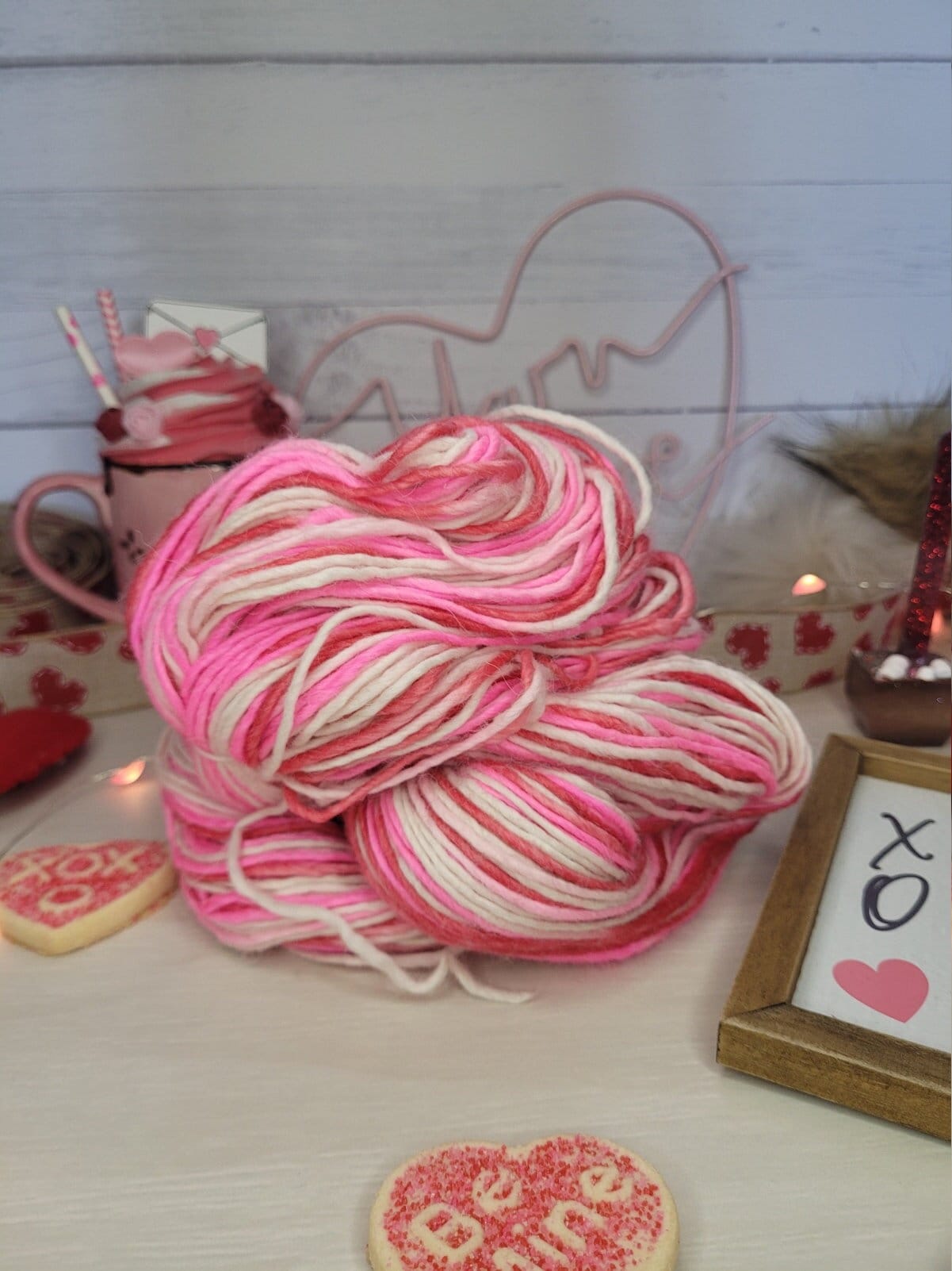Hugs and Kisses, Marshmallow DK, Double Knit, Pink, White, Valentine's Day, Yarn