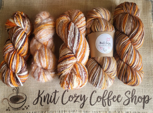 Pumpkin Spice Latte Hand Dyed Yarn Knit Cozy Coffee Shop Collection